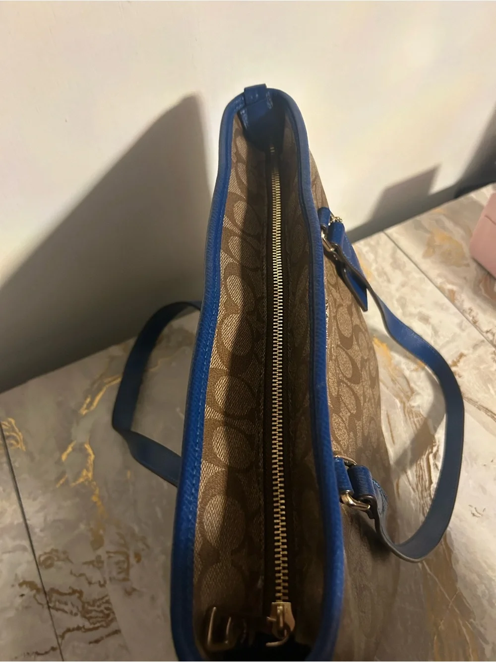 Coach Signature Canvas Zip Top Brown Blue Tote